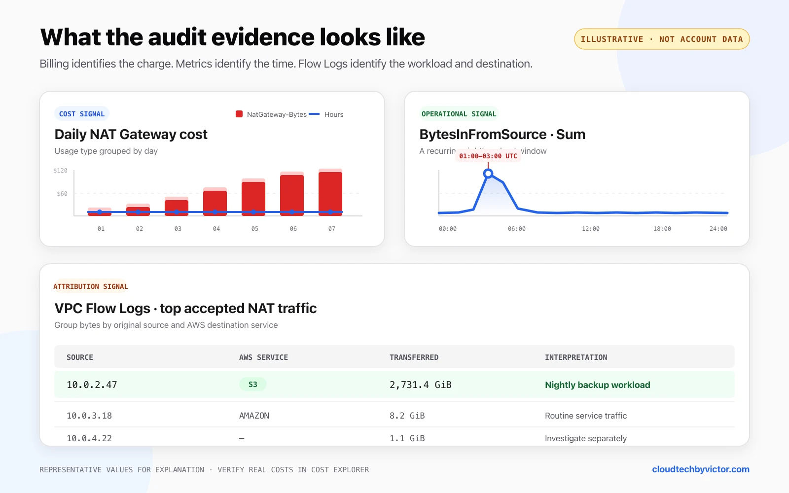 Illustrative NAT Gateway audit evidence showing rising data-processing cost, a nightly CloudWatch byte spike, and VPC Flow Logs attributing the largest example transfer to S3