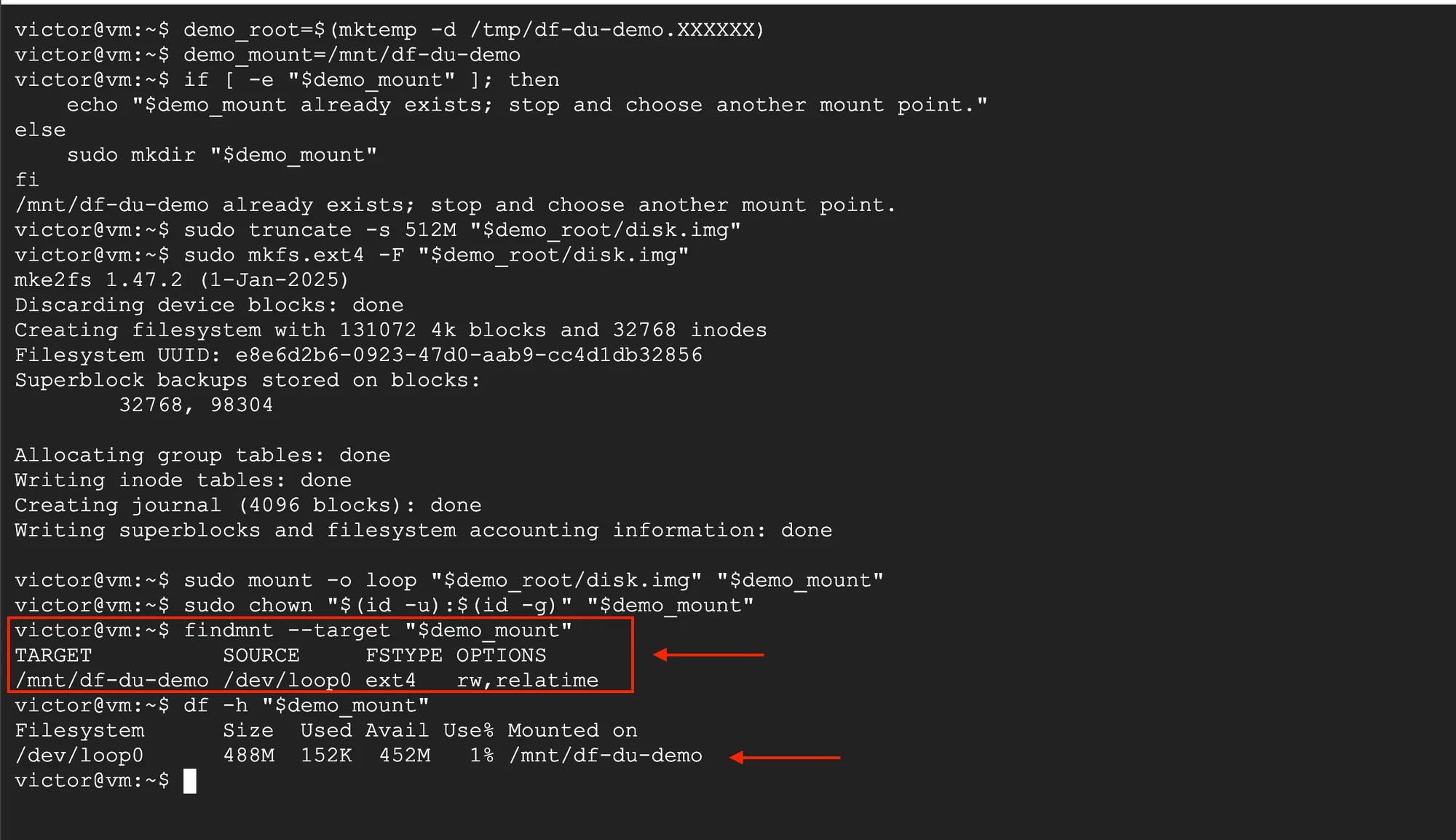 Terminal showing a 512 MiB ext4 loop filesystem mounted at the isolated df and du demonstration path