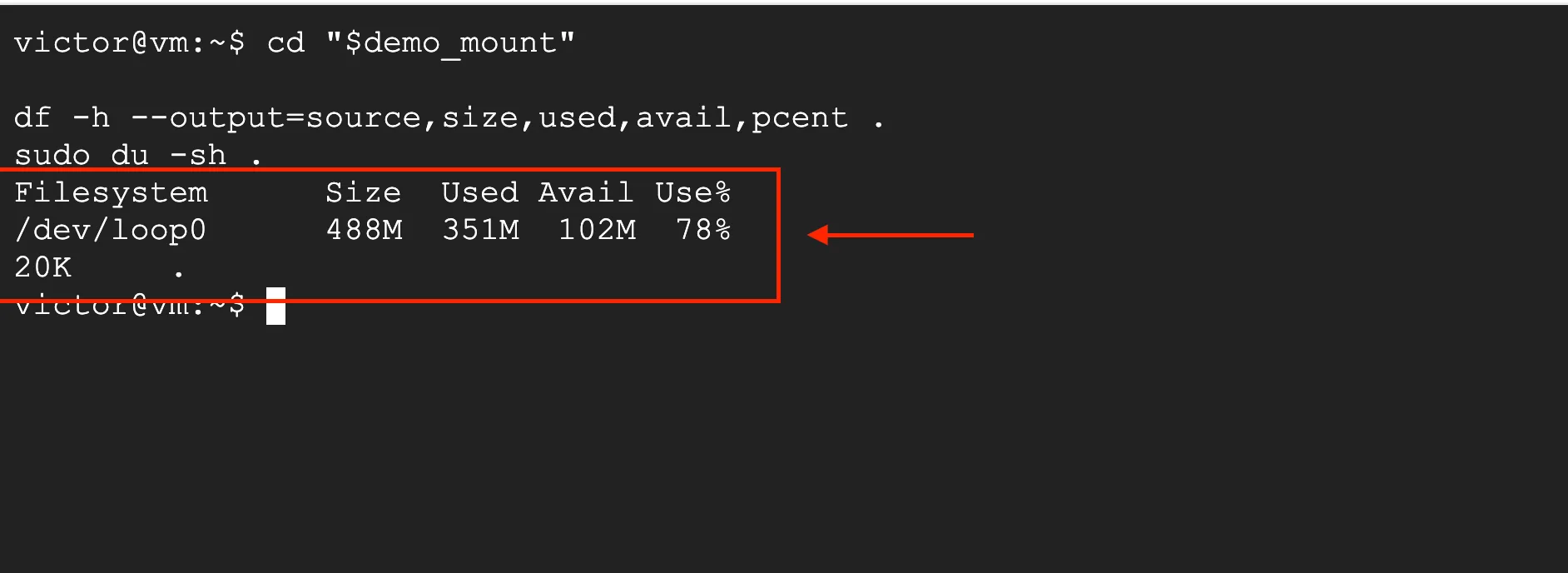Terminal showing df reporting 78 percent filesystem usage while du reports only 20 kilobytes of visible files