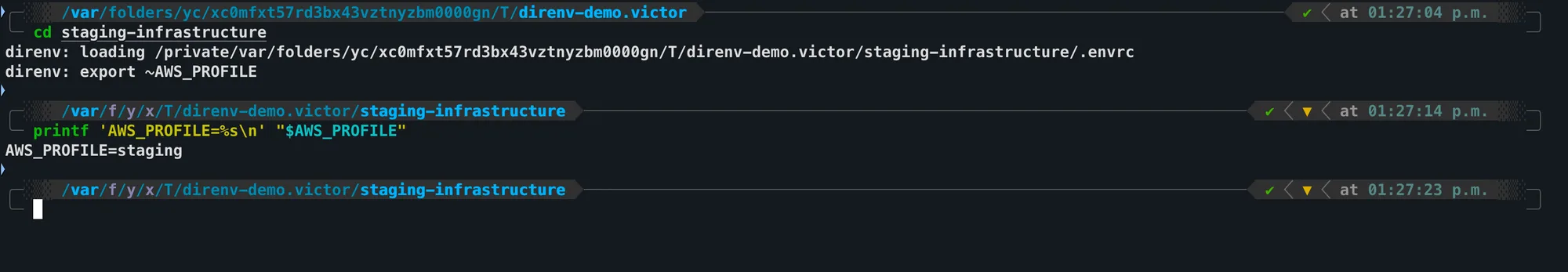 Terminal showing direnv loading the project .envrc and changing AWS_PROFILE from prod to staging