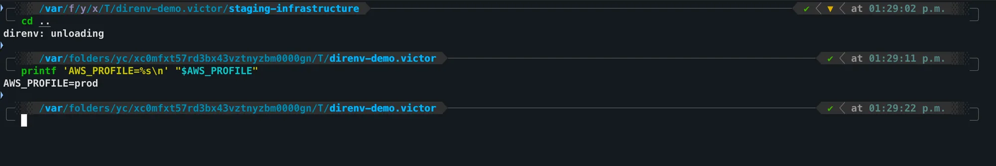 Terminal showing direnv unloading after leaving the project and restoring AWS_PROFILE to prod