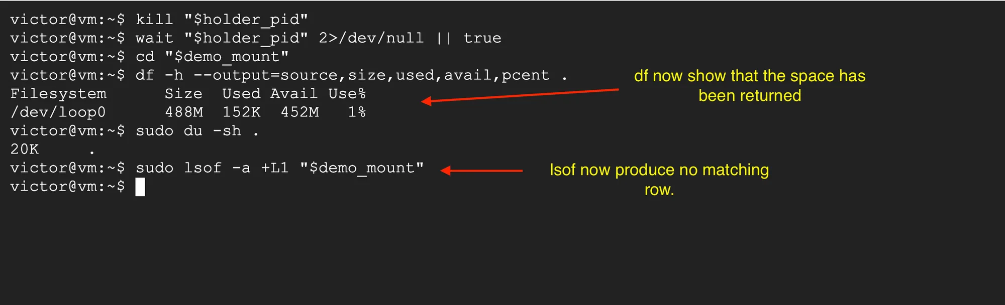 Terminal showing filesystem usage returning to 1 percent and no deleted-open lsof result after the process closes