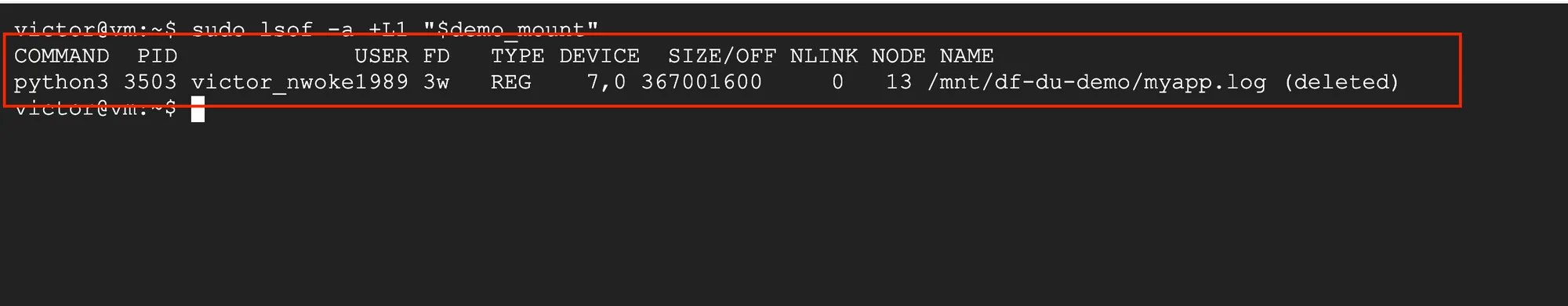 lsof output identifying a 350 MiB deleted log file still held open for writing by a Python process