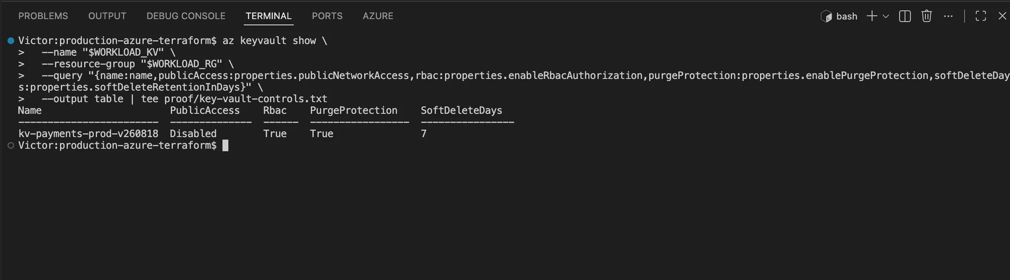 Azure CLI output showing Key Vault public access disabled, RBAC enabled, purge protection enabled, and seven-day soft-delete retention