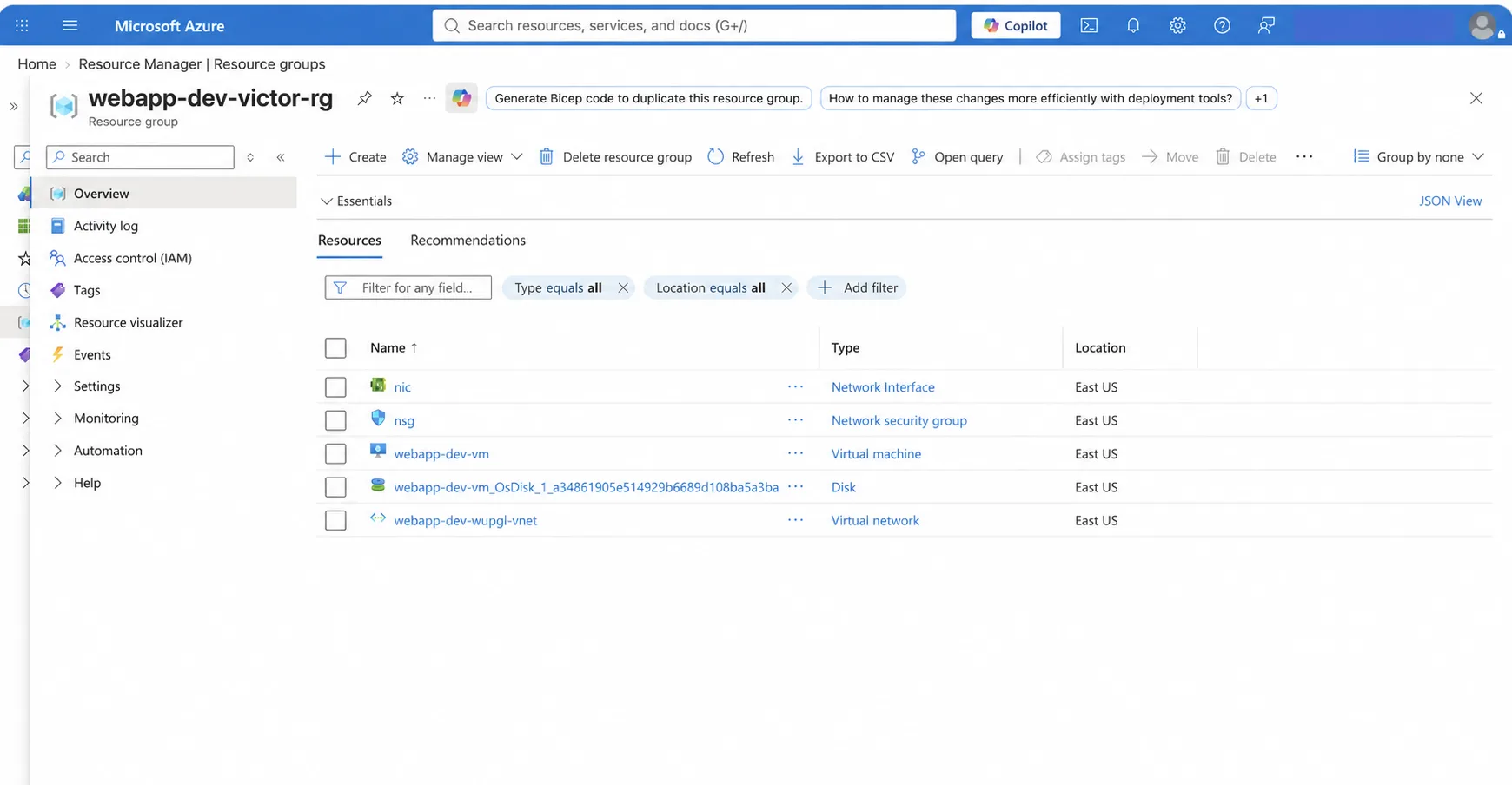 Azure portal showing the network interface, network security group, Windows virtual machine, OS disk, and virtual network created by Terraform