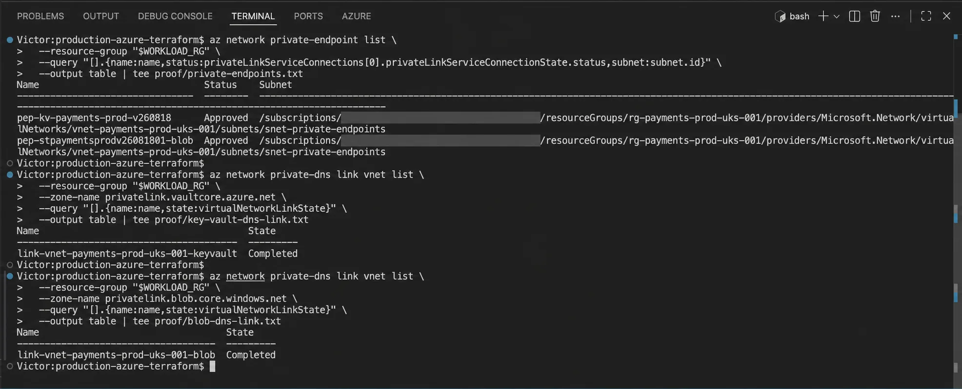 Azure CLI output showing two approved private endpoints and completed virtual network links for Key Vault and Blob private DNS zones, with subscription identifiers redacted