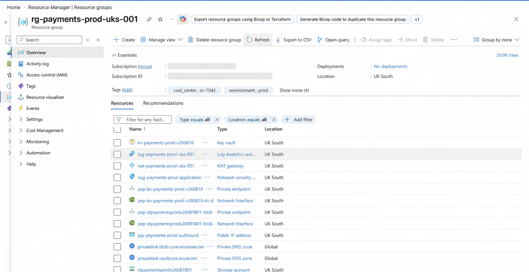 Azure Portal Resource Group inventory showing Key Vault, Log Analytics, NAT Gateway, network security, private endpoints, private DNS zones, and Storage resources, with subscription details redacted