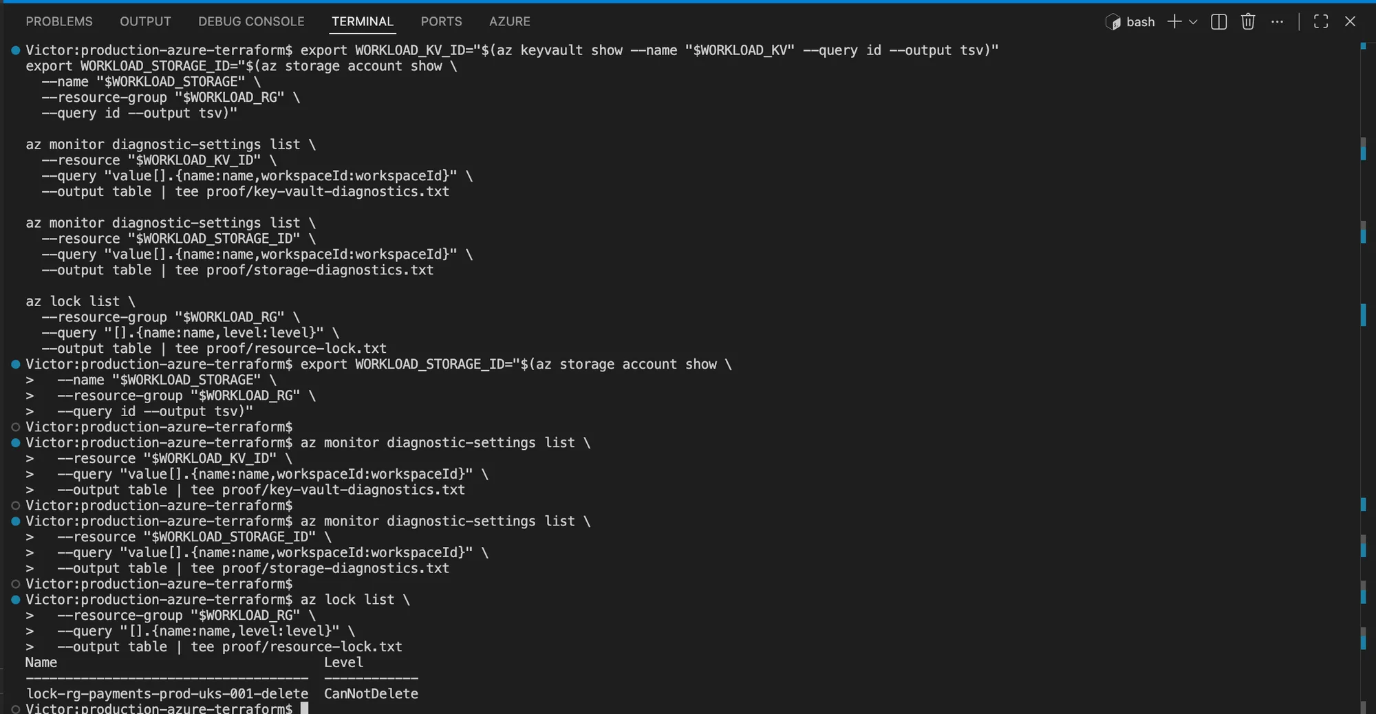 Azure CLI terminal showing the Resource Group deletion lock returned with the CanNotDelete level