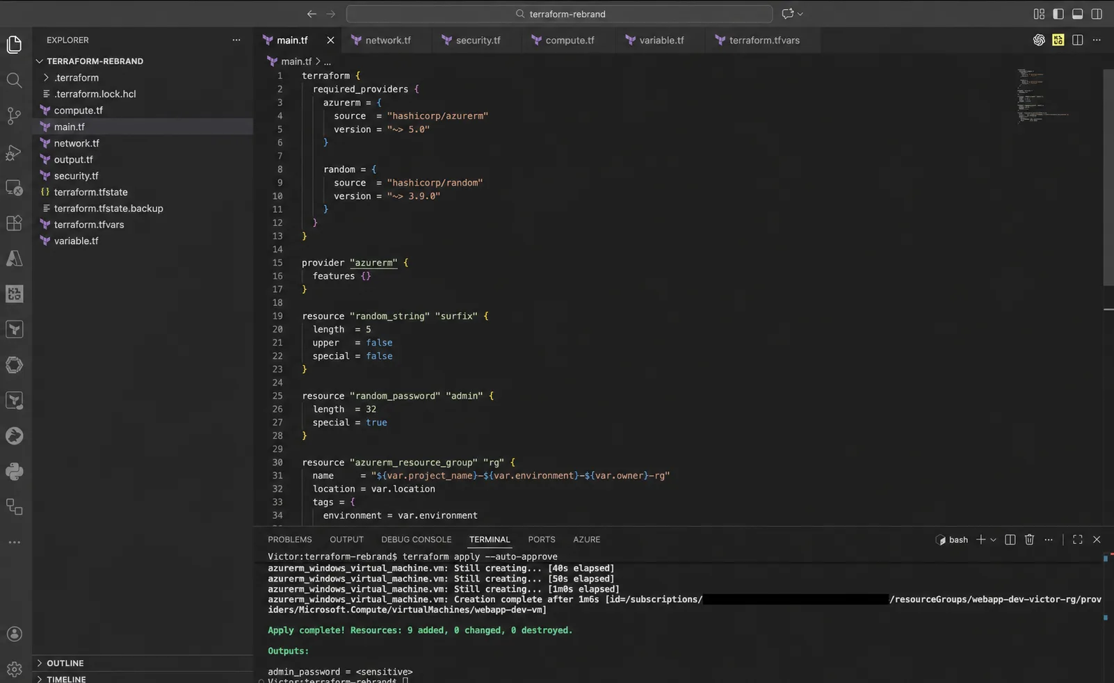VS Code showing the Terraform AzureRM provider, random password generation, resource group configuration, and a successful apply