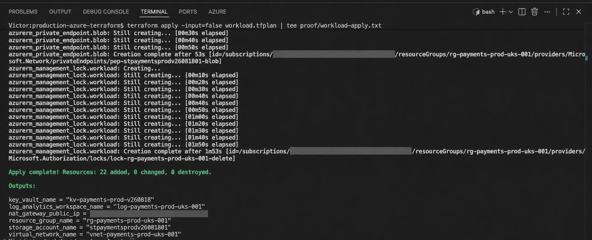 Terraform terminal showing apply complete with 22 resources added, zero changed, and zero destroyed, with subscription and public IP values redacted