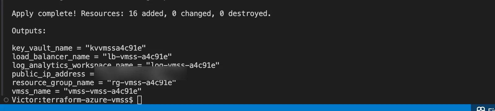 Terraform apply output showing 16 resources added and the public IP value blurred