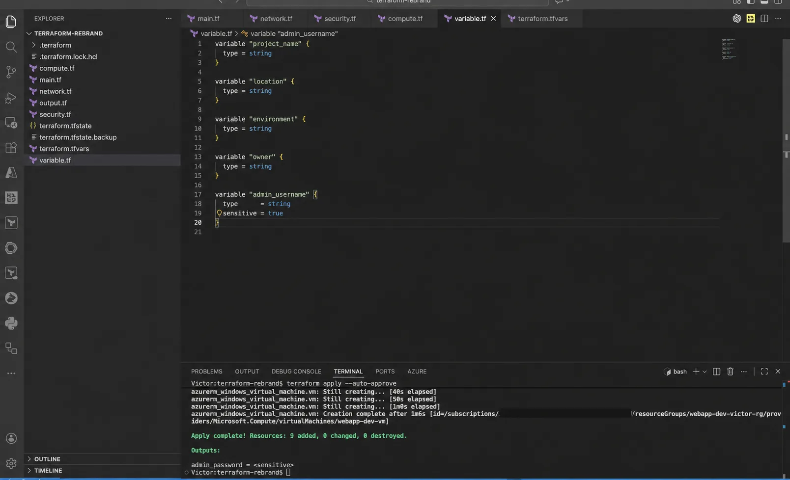 VS Code showing typed Terraform input variables for project name, Azure location, environment, owner, and administrator username