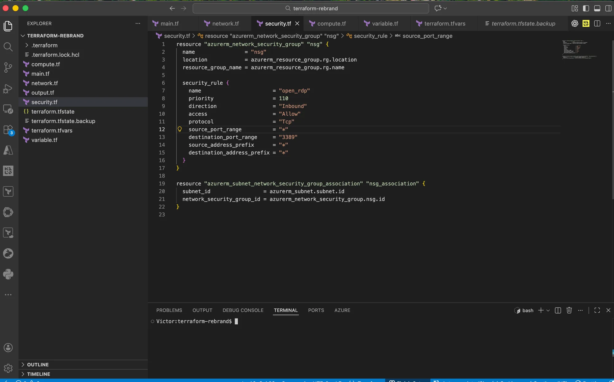 VS Code showing a Terraform Azure network security group with TCP 3389 configured as the RDP destination port and a wildcard source address