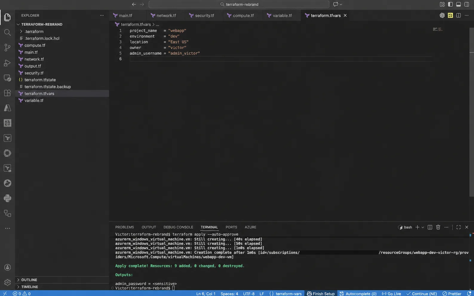 VS Code showing example Terraform variable values for an Azure development environment
