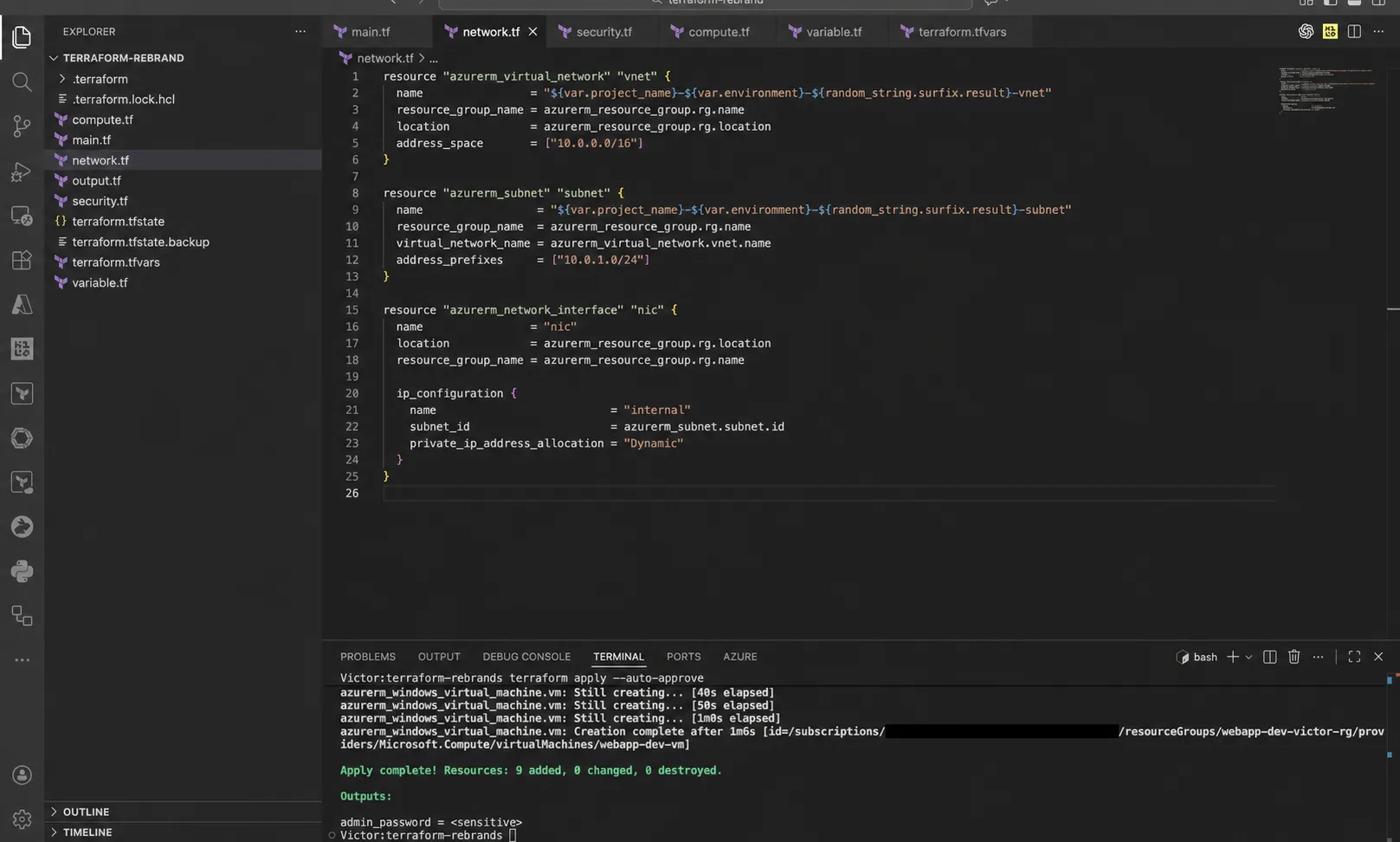VS Code showing Terraform resources for an Azure virtual network, subnet, and network interface