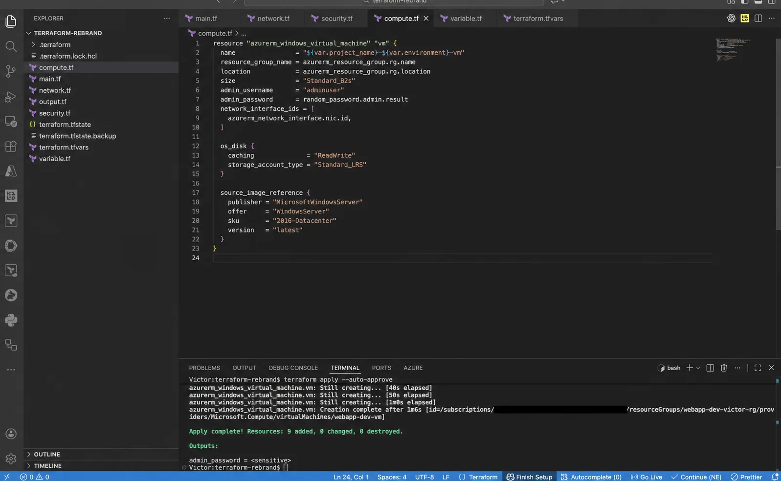 VS Code showing the Terraform azurerm_windows_virtual_machine resource with disk and Windows Server image settings
