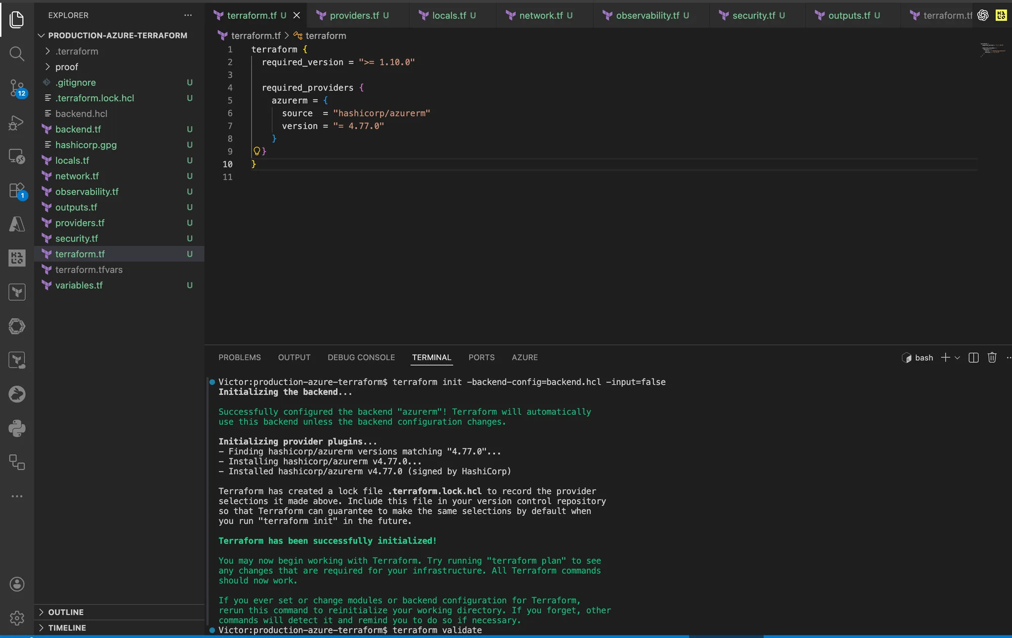 VS Code terminal showing the AzureRM backend configured successfully and AzureRM provider 4.77.0 installed