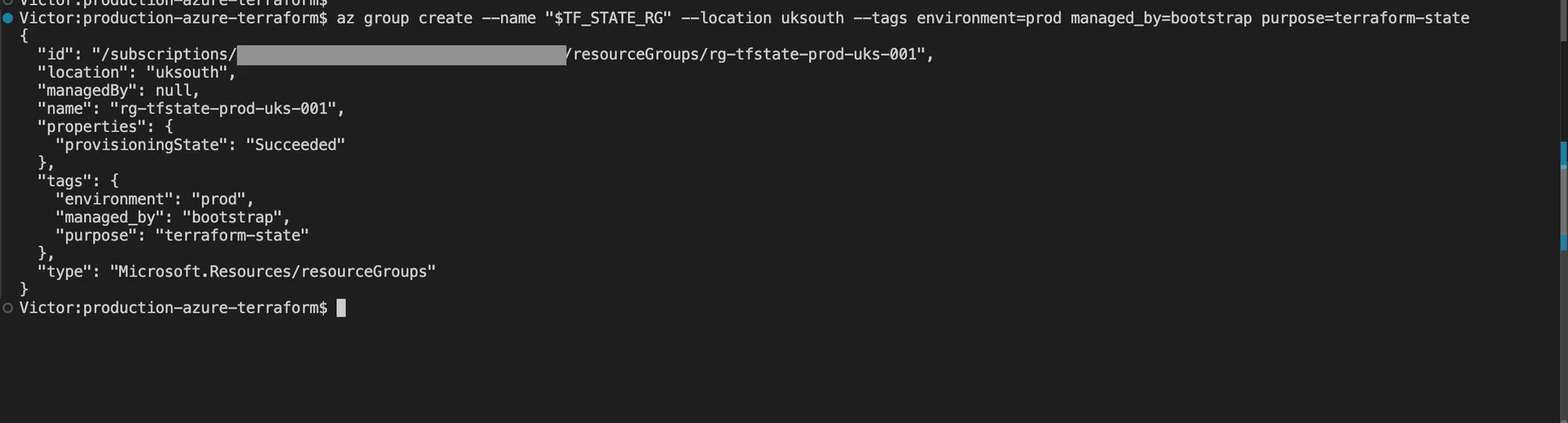 Terminal showing successful creation of the Terraform state Resource Group in Azure, with the subscription identifier redacted