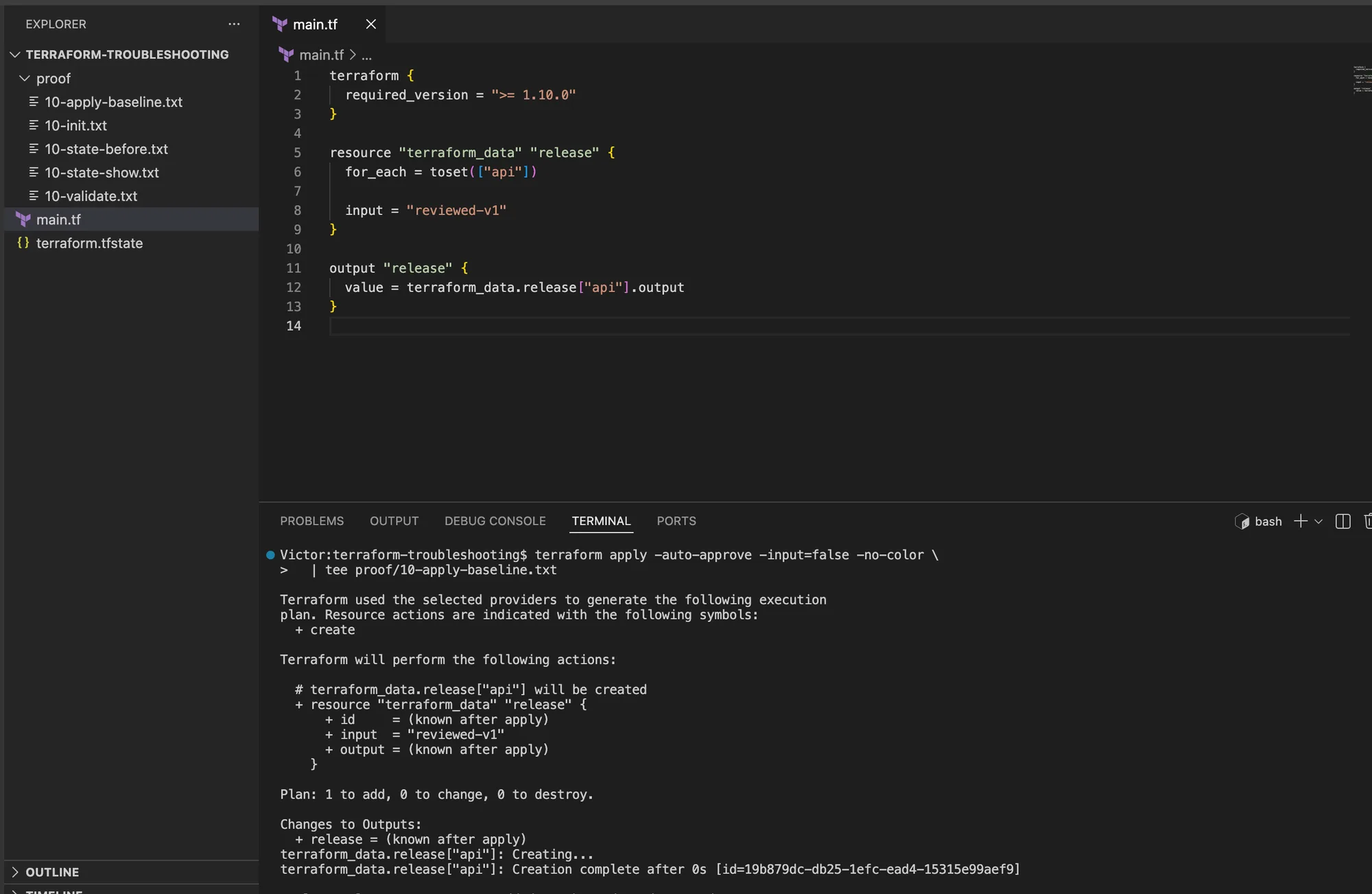 VS Code showing Terraform applying the baseline terraform_data release instance keyed by api before the address refactor.