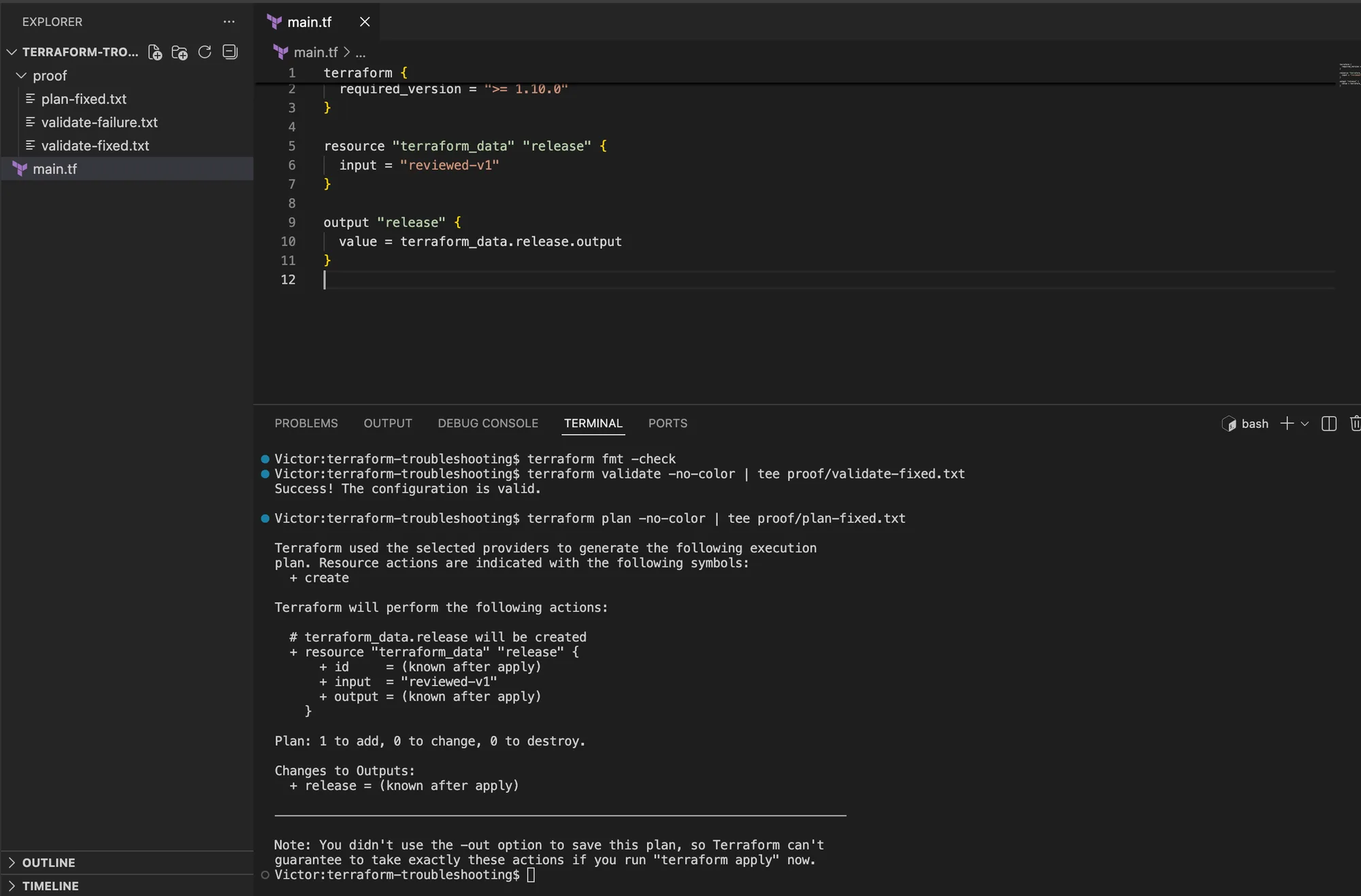 VS Code showing terraform validate succeeding and terraform plan proposing one terraform_data resource after the broken reference was removed.