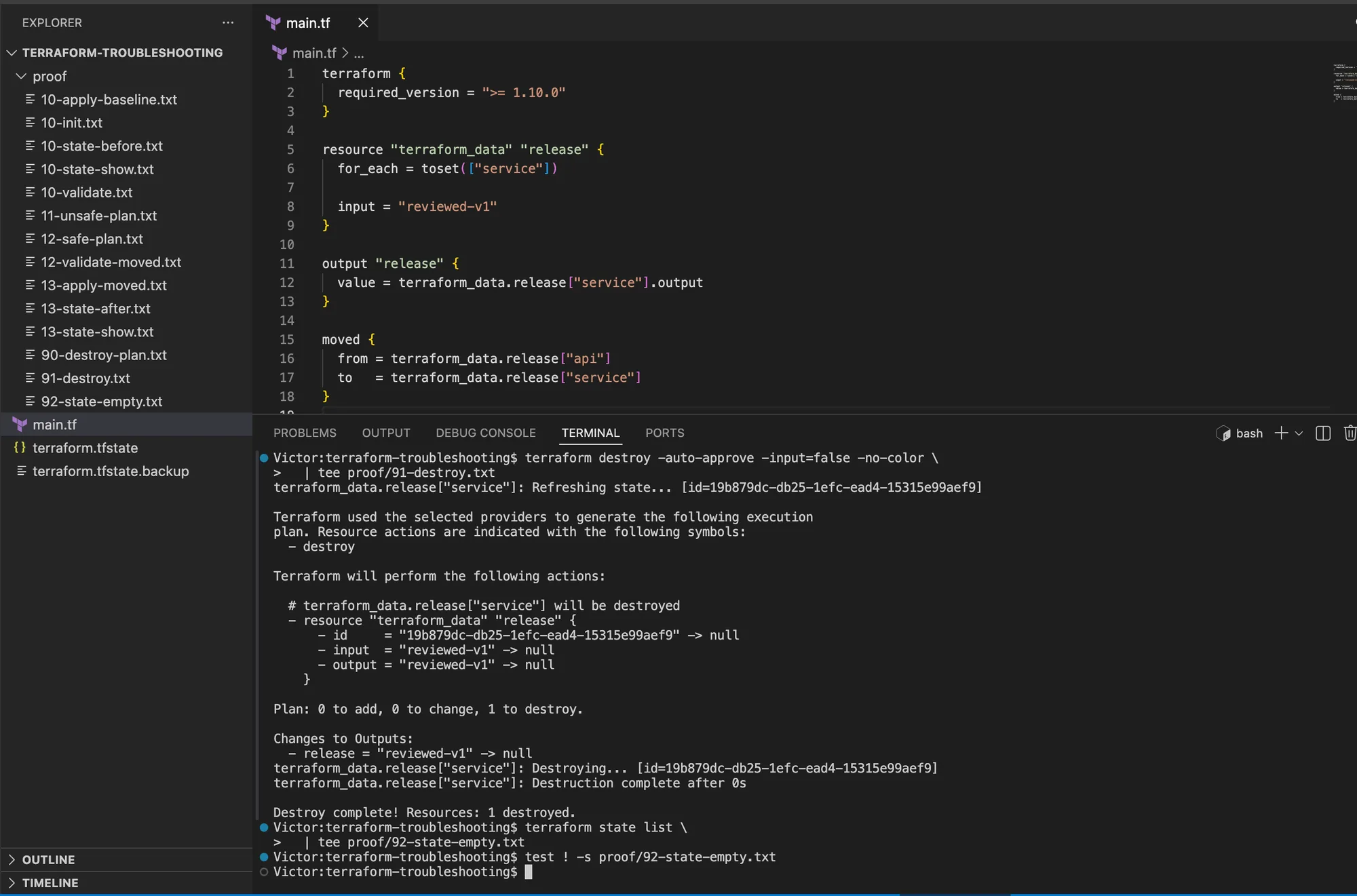 VS Code showing Terraform destroying the single service instance, reporting one resource destroyed, and completing an empty state-list check.