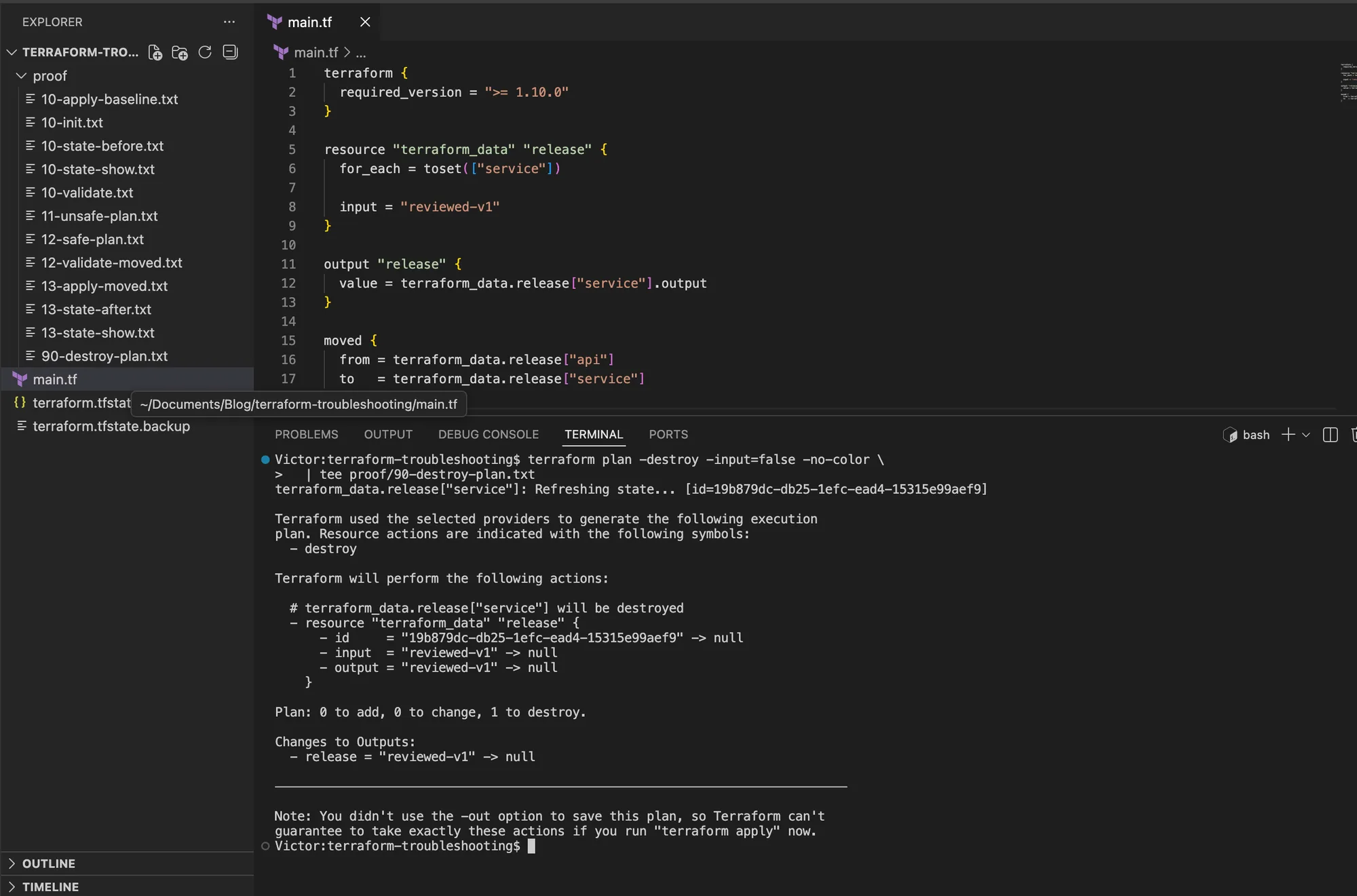 VS Code showing terraform plan destroy with exactly one terraform_data service instance scheduled for destruction.