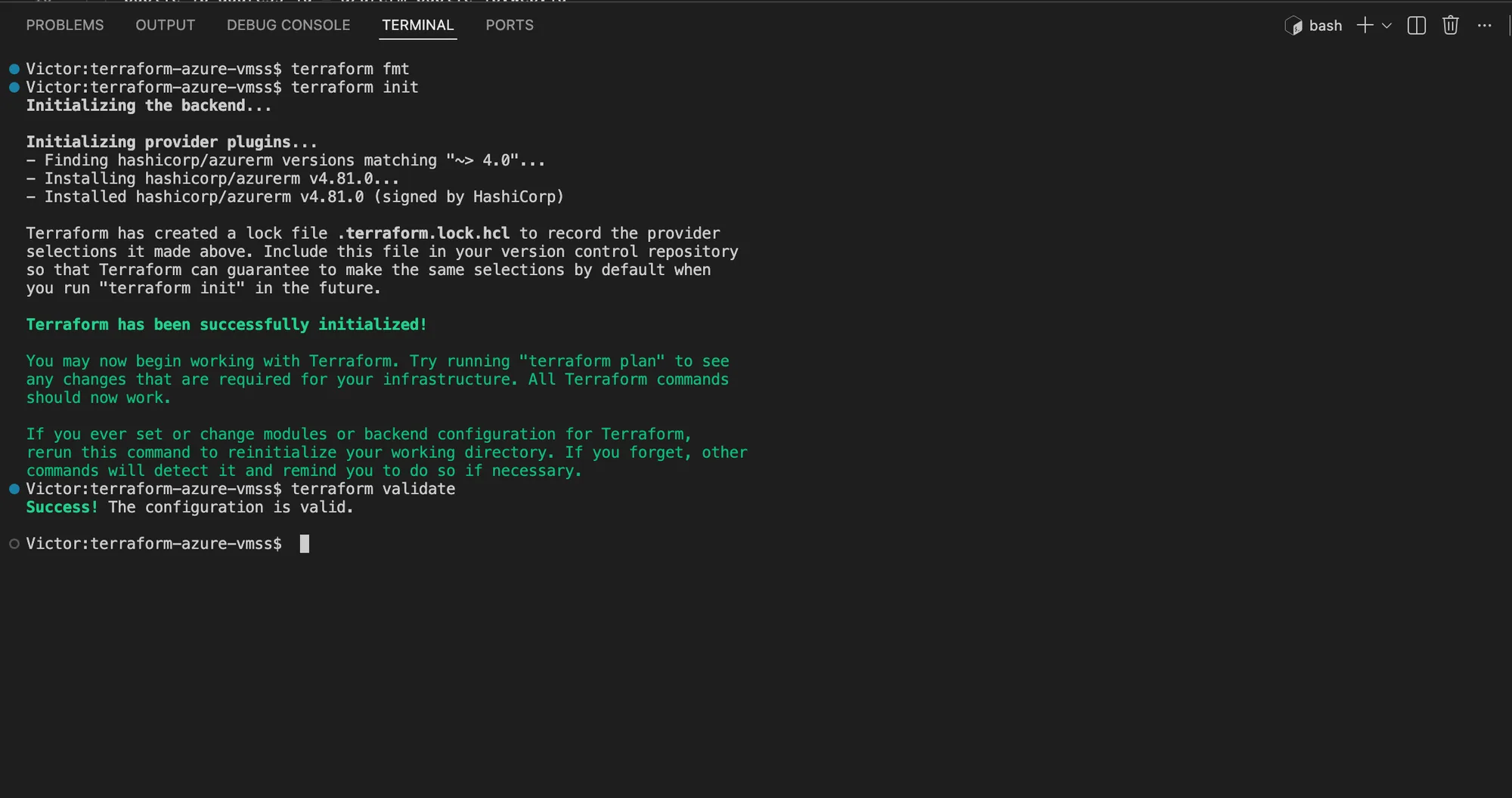 Terminal showing successful Terraform initialization with AzureRM 4.81.0 and a valid configuration