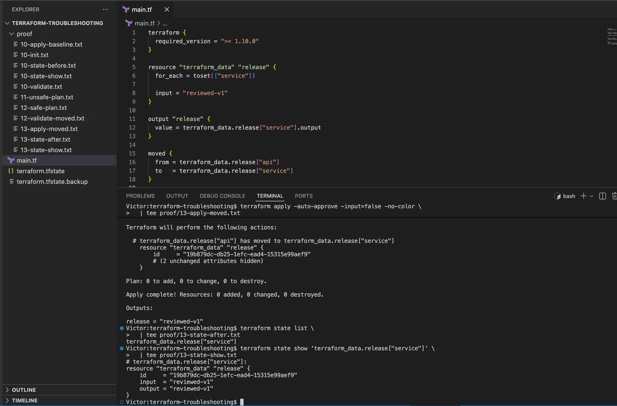 VS Code showing a zero-change moved-resource apply and terraform state output for the service address with the original object ID.