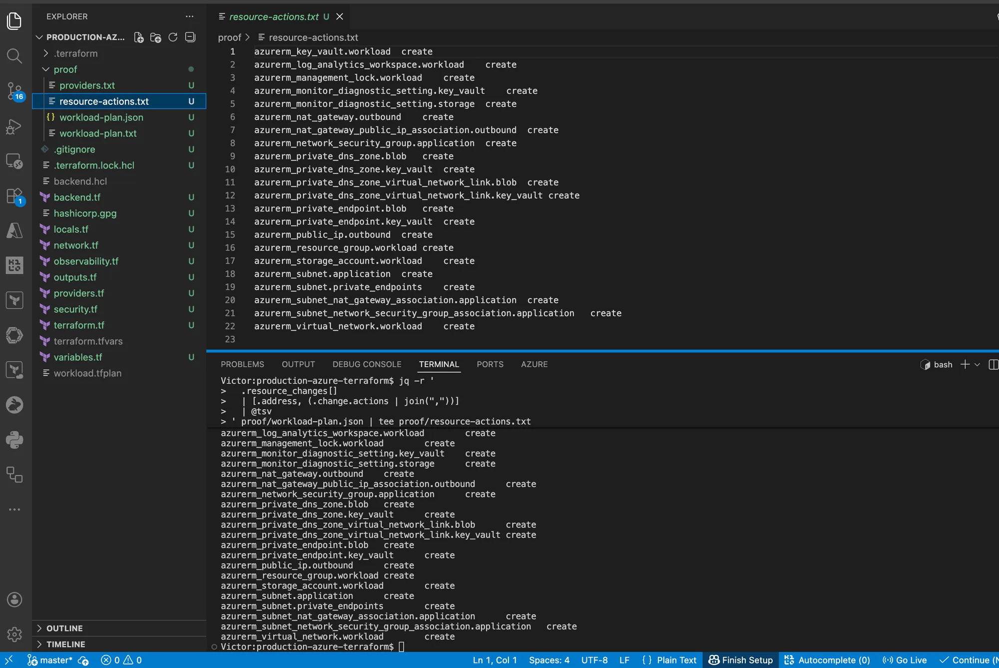 VS Code showing the machine-readable Terraform plan reduced to 22 resource addresses and create actions