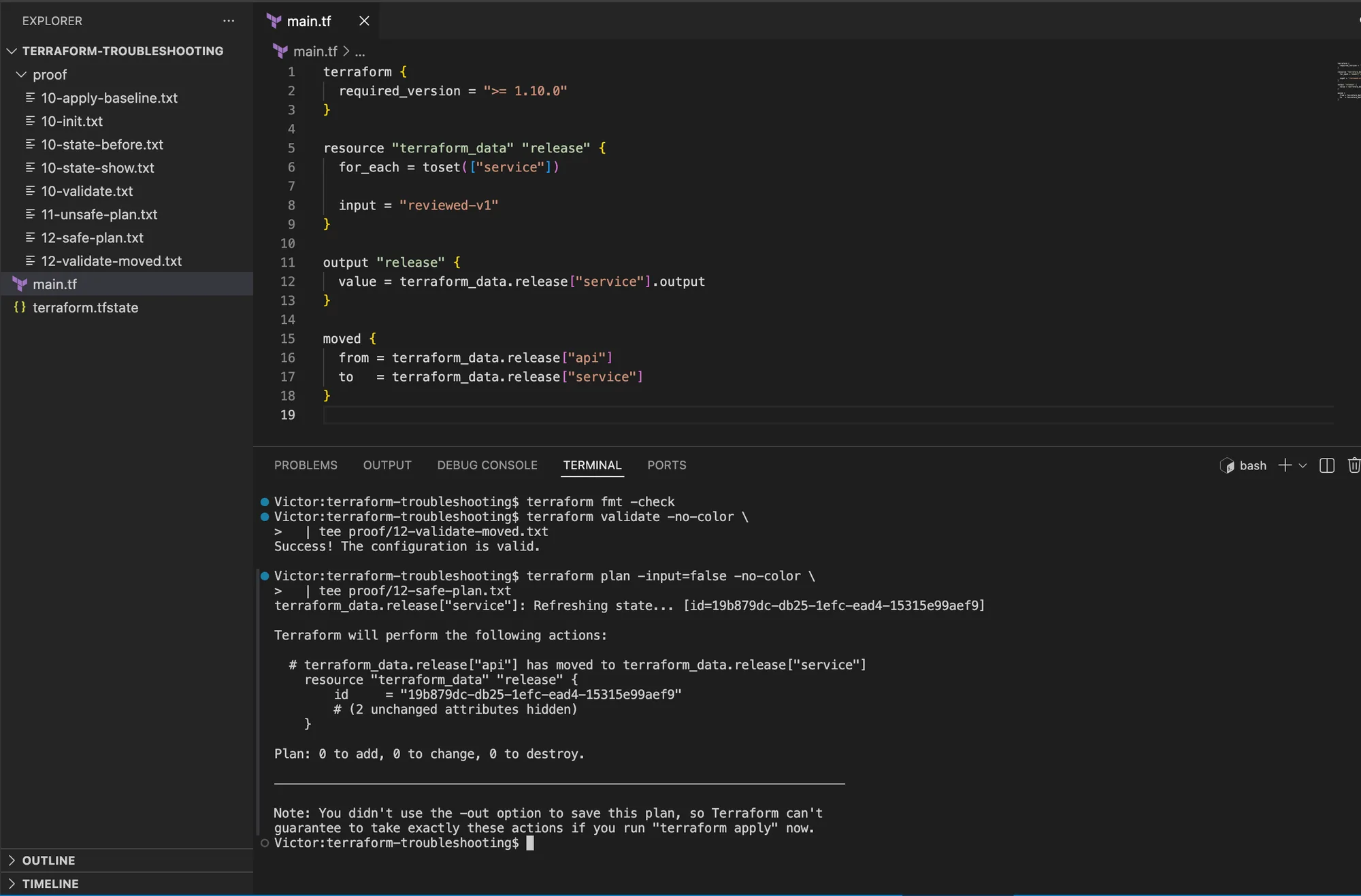 VS Code showing a Terraform moved block and a zero-change plan that preserves the resource under the service key.