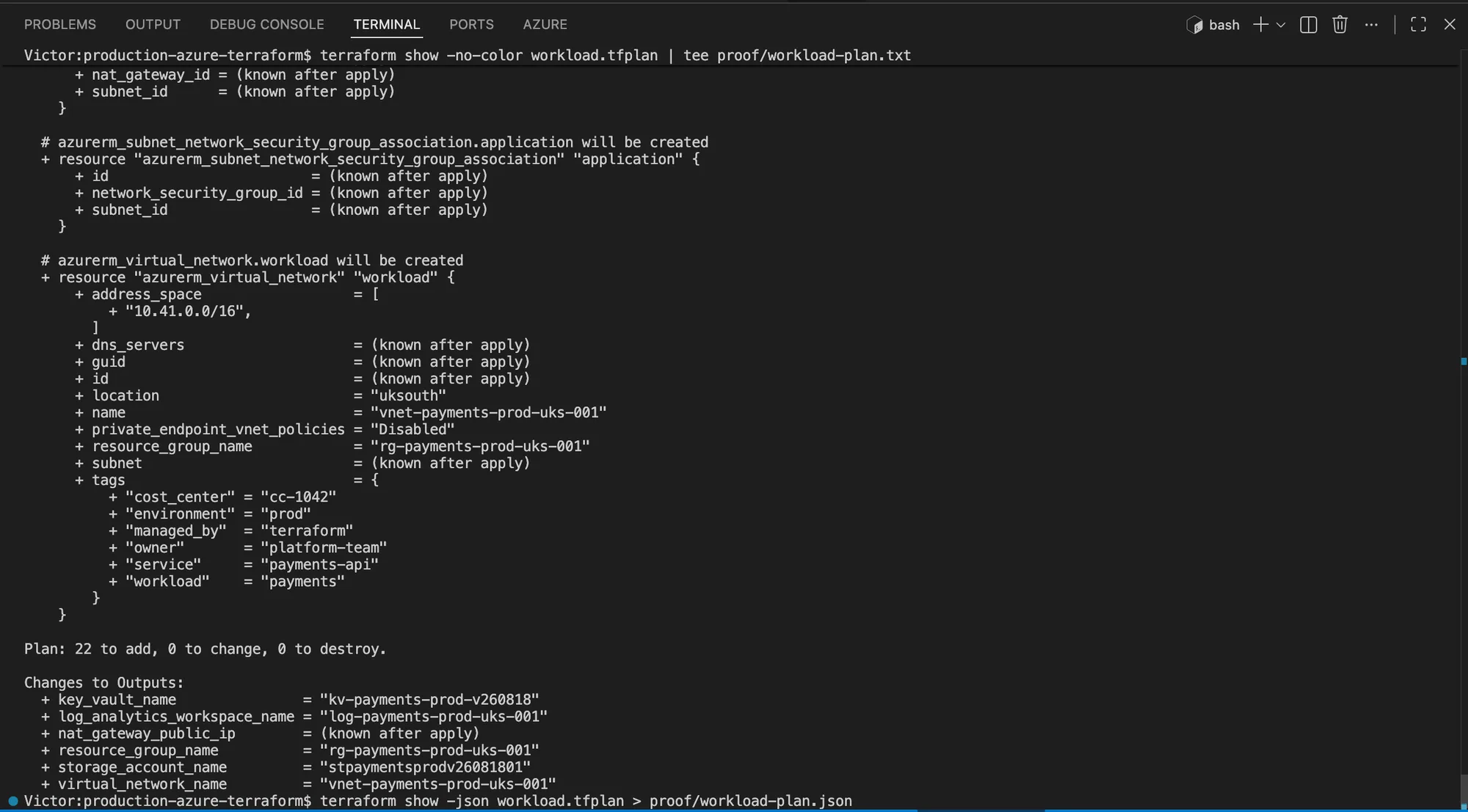 Terraform terminal output showing a saved plan with 22 resources to add, zero to change, and zero to destroy