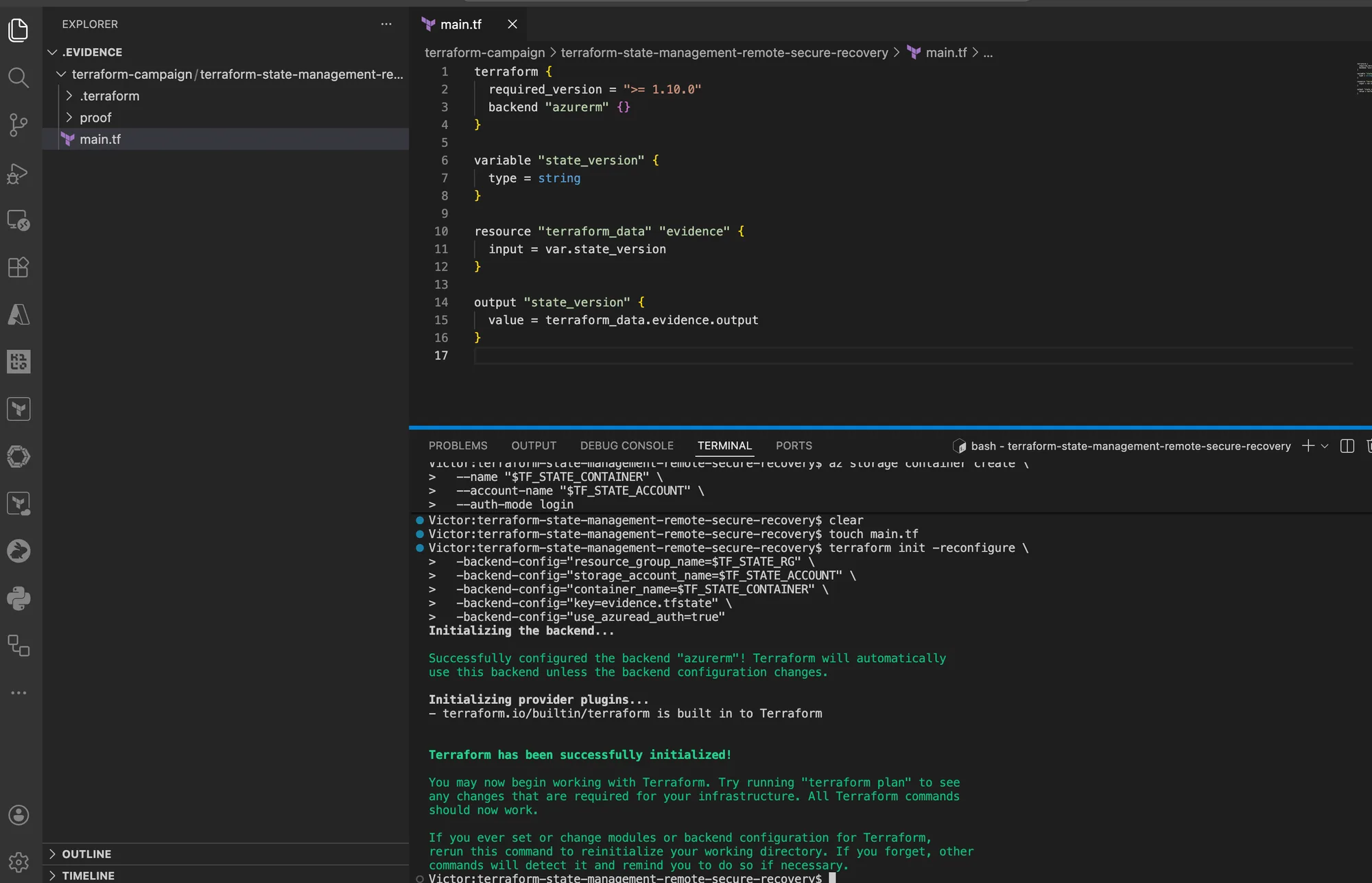 VS Code and terminal showing the AzureRM backend initialized successfully for the evidence configuration