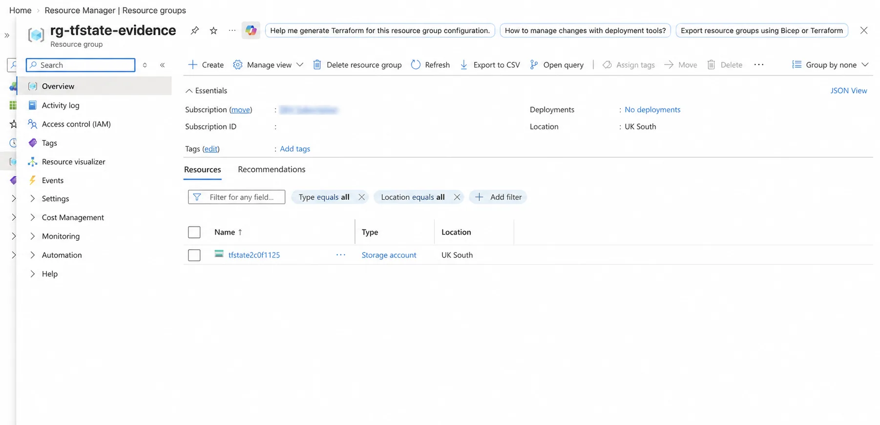 Azure Portal Resource Group overview showing the dedicated Terraform state Storage Account in UK South, with subscription details concealed