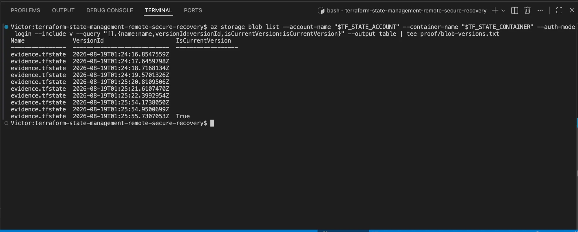 Azure CLI output listing multiple versions of the evidence.tfstate blob and identifying the current version