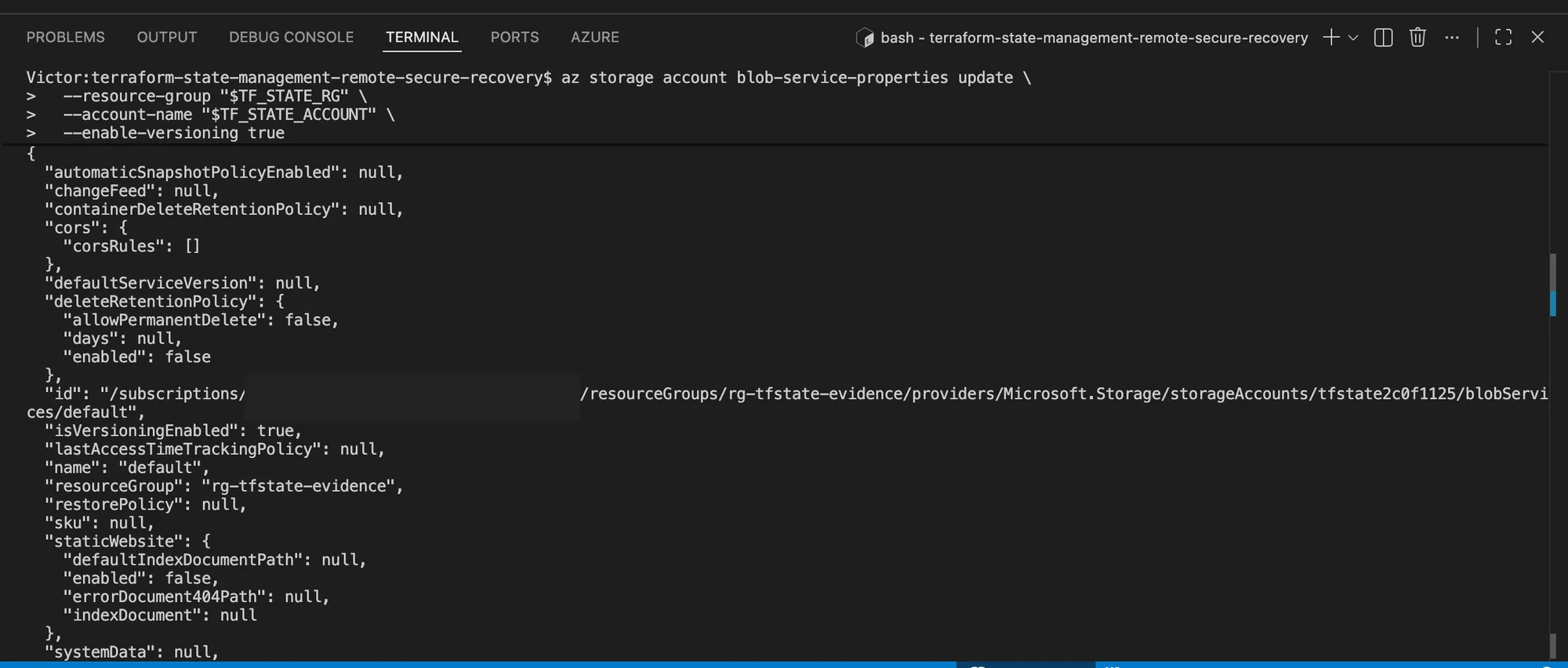 Azure CLI output showing blob versioning enabled on the Terraform state Storage Account, with the subscription identifier concealed