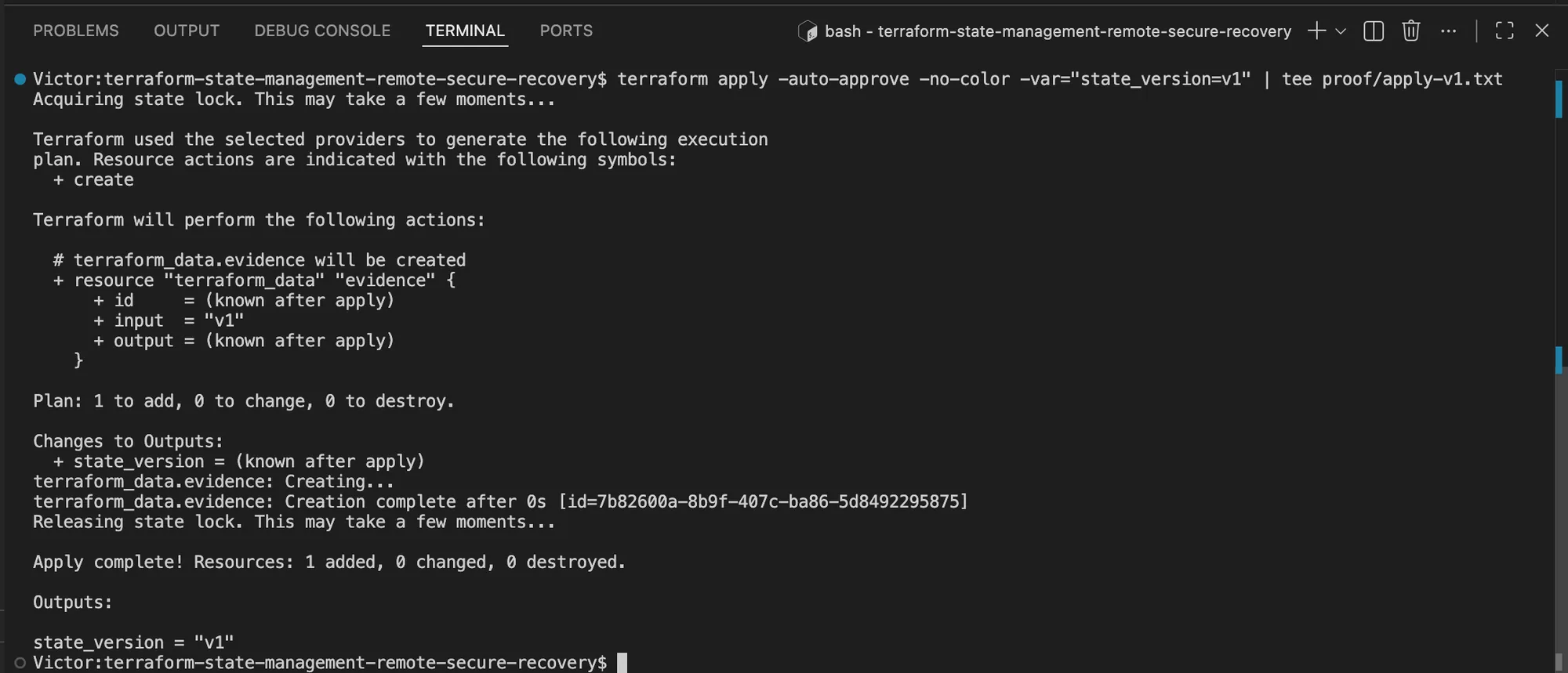 Terraform output showing the first remote state write completed with state_version set to v1