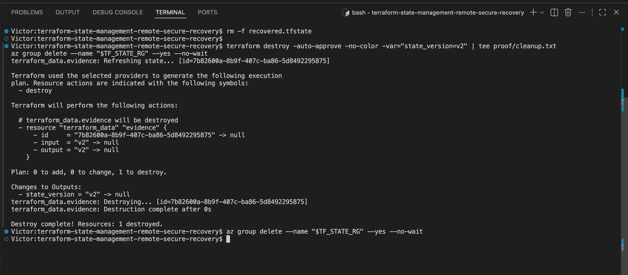 Terraform output showing the evidence state entry destroyed and Azure Resource Group deletion submitted