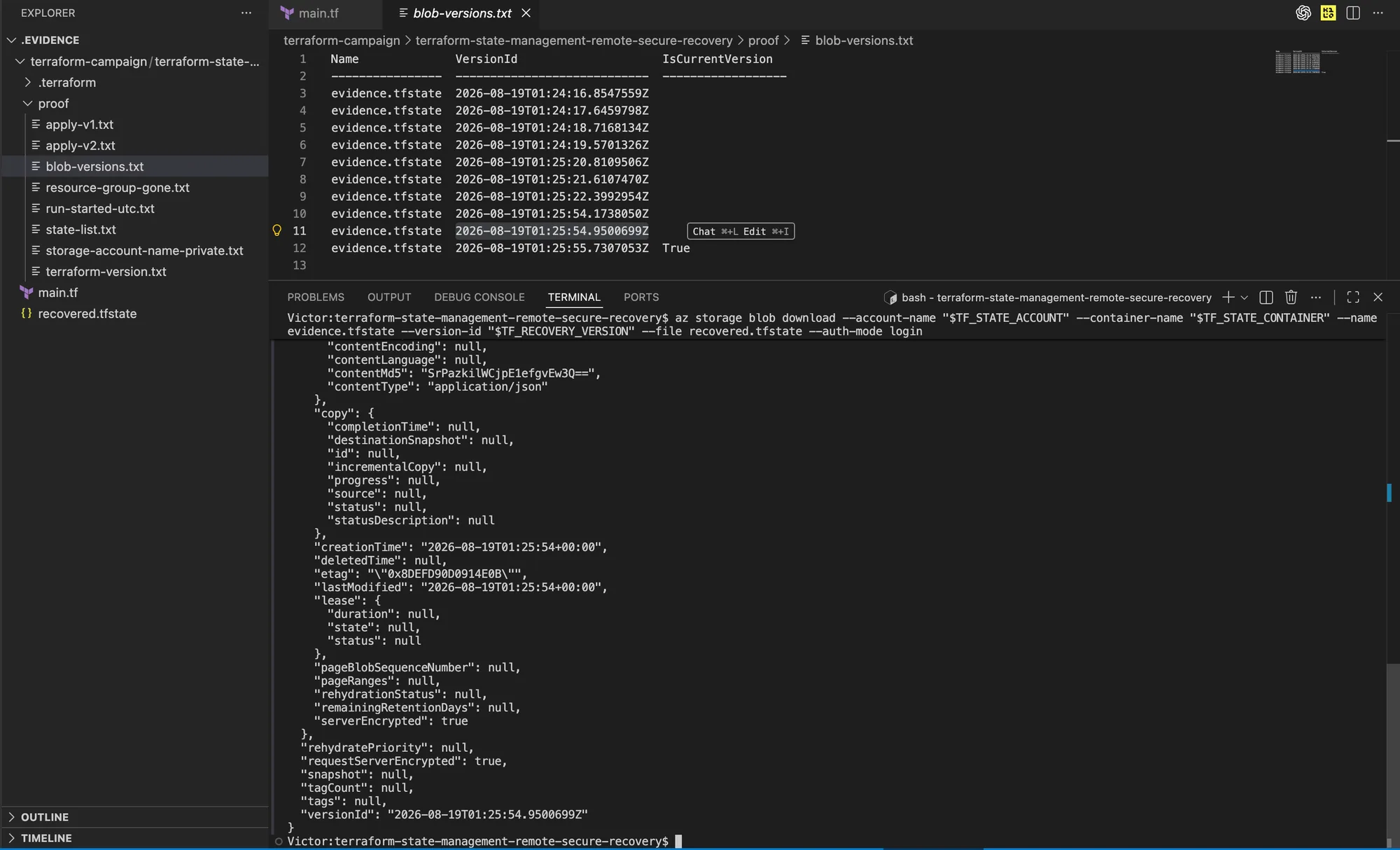 VS Code showing a non-current evidence.tfstate version selected and downloaded into the isolated recovery directory