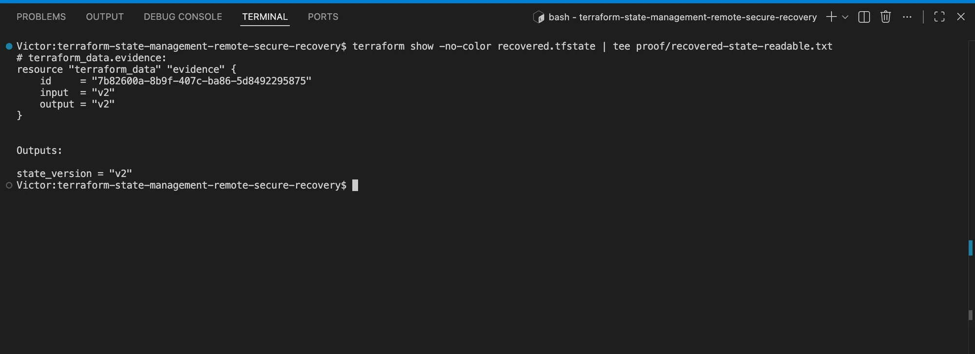Terraform output showing a downloaded non-current state version parsed successfully with the v2 output