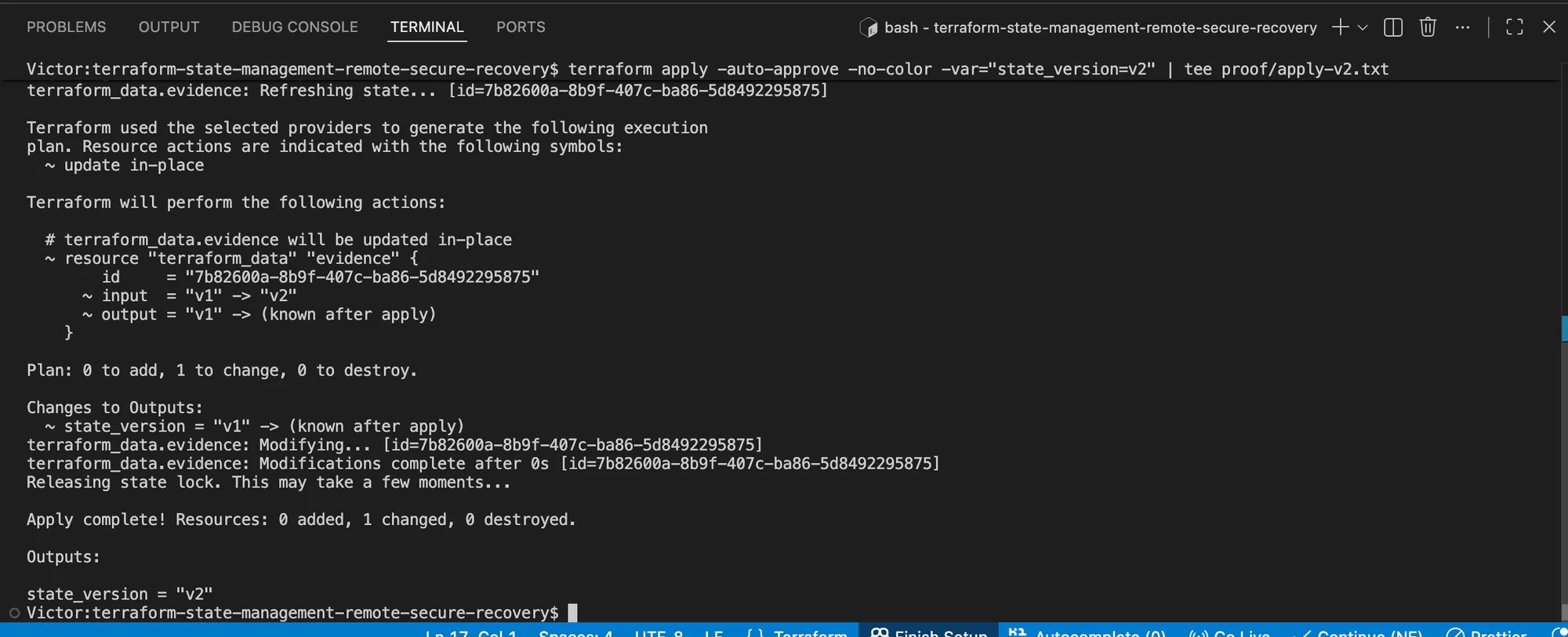 Terraform output showing the second remote state write changed state_version from v1 to v2