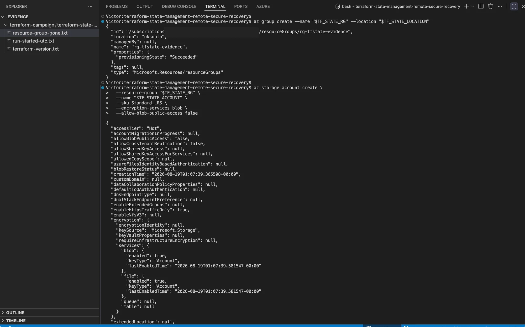 Terminal output showing the disposable Azure Resource Group and Storage Account created successfully, with the subscription identifier concealed