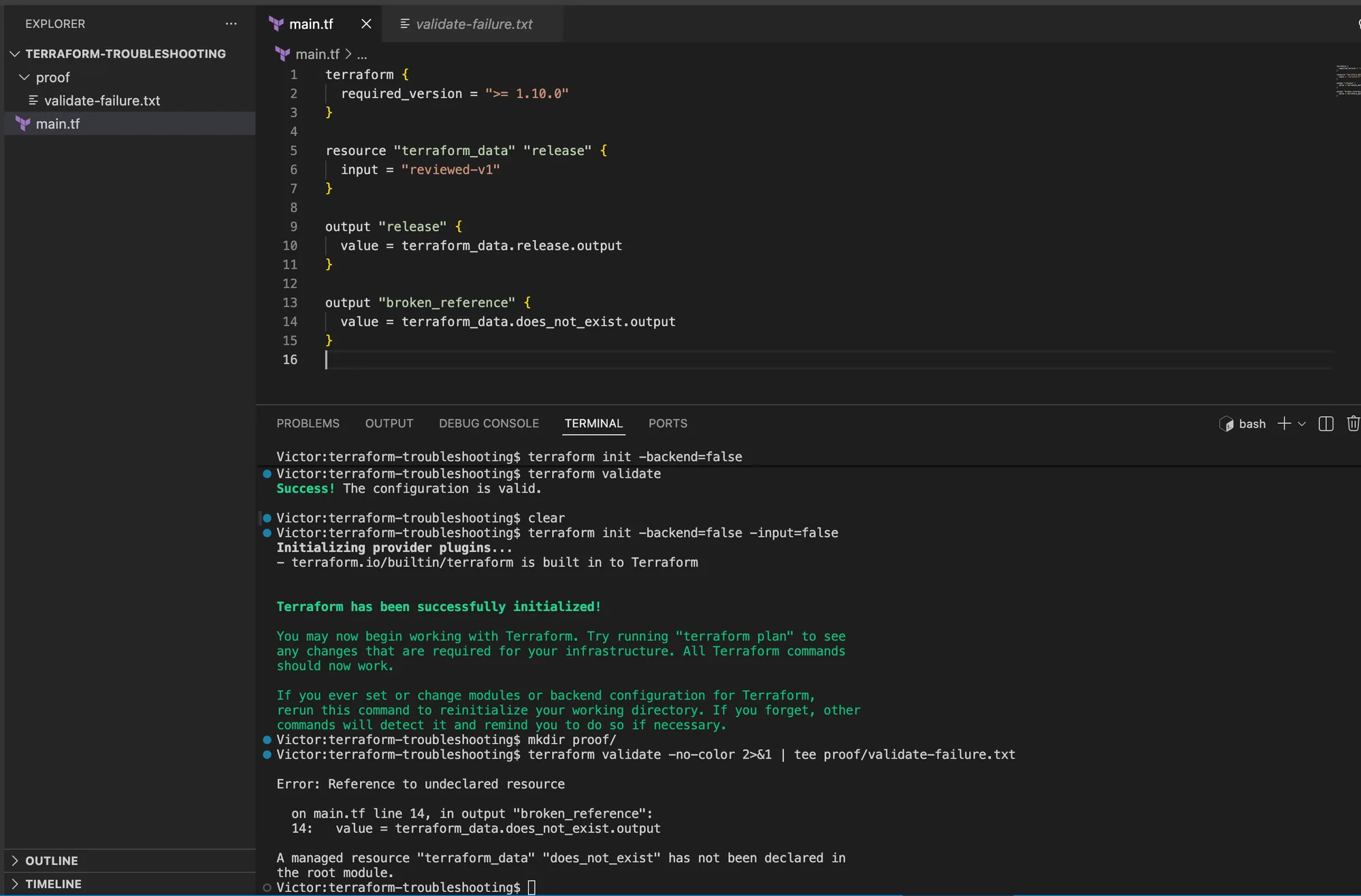 VS Code showing terraform validate reporting Reference to undeclared resource for terraform_data.does_not_exist in main.tf.