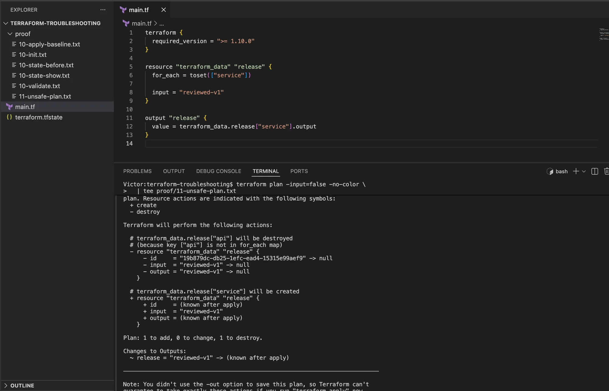 VS Code showing a Terraform plan that would destroy the api instance and create the service instance after a for_each key rename.