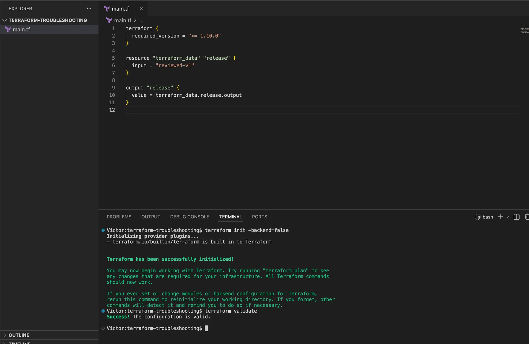 VS Code showing terraform init completed successfully and terraform validate reporting a valid configuration.