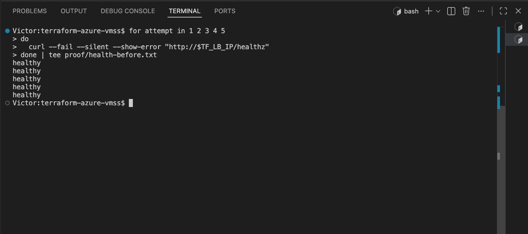 Terminal showing five successful health responses through the Azure Load Balancer