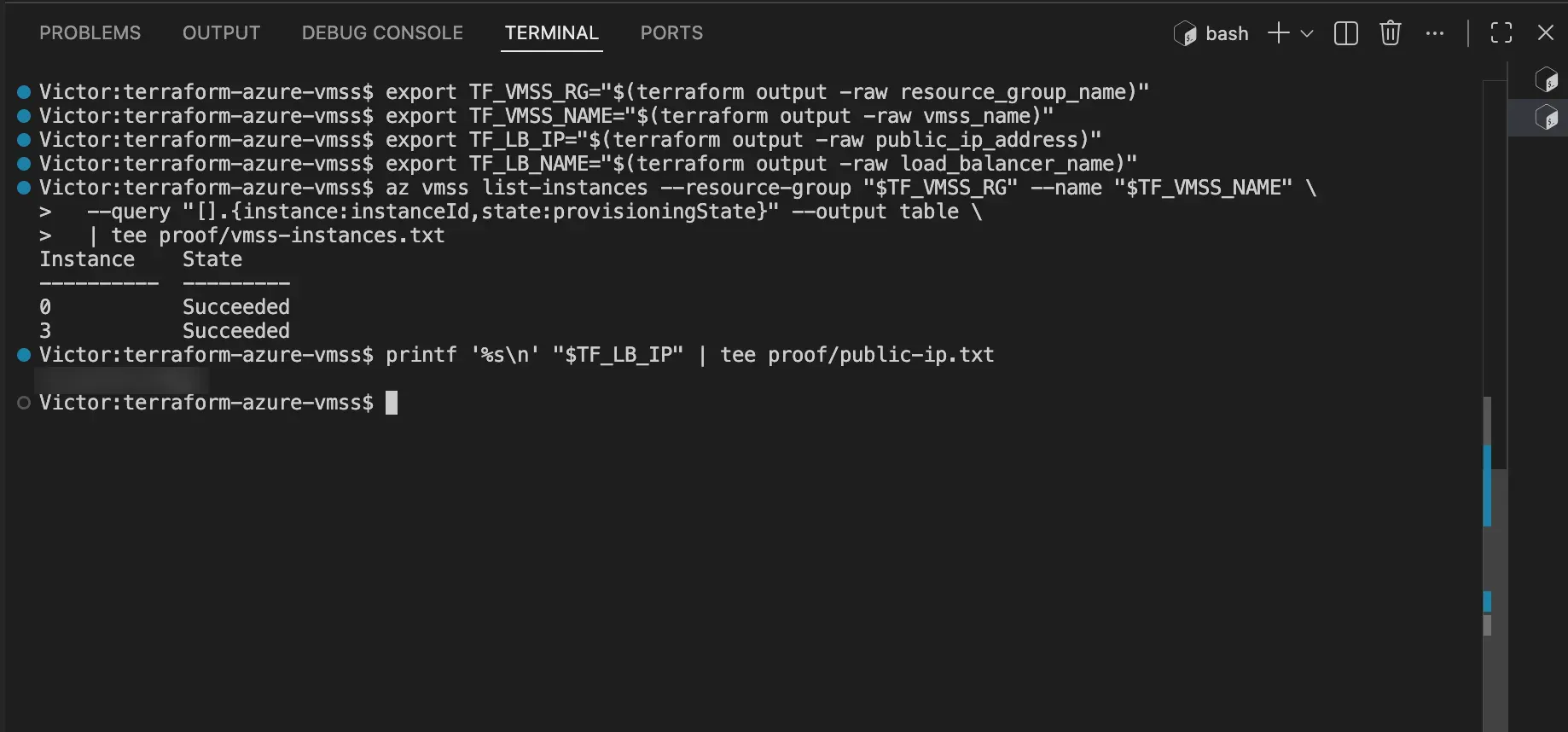 Azure CLI table showing two VMSS instances in the Succeeded provisioning state with the public IP blurred