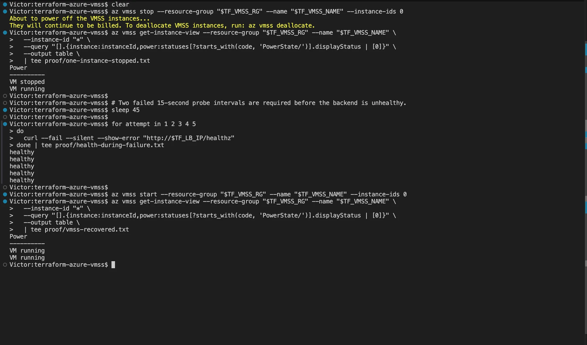 Azure CLI and curl output showing one stopped VMSS instance, five healthy responses, and both instances running after recovery