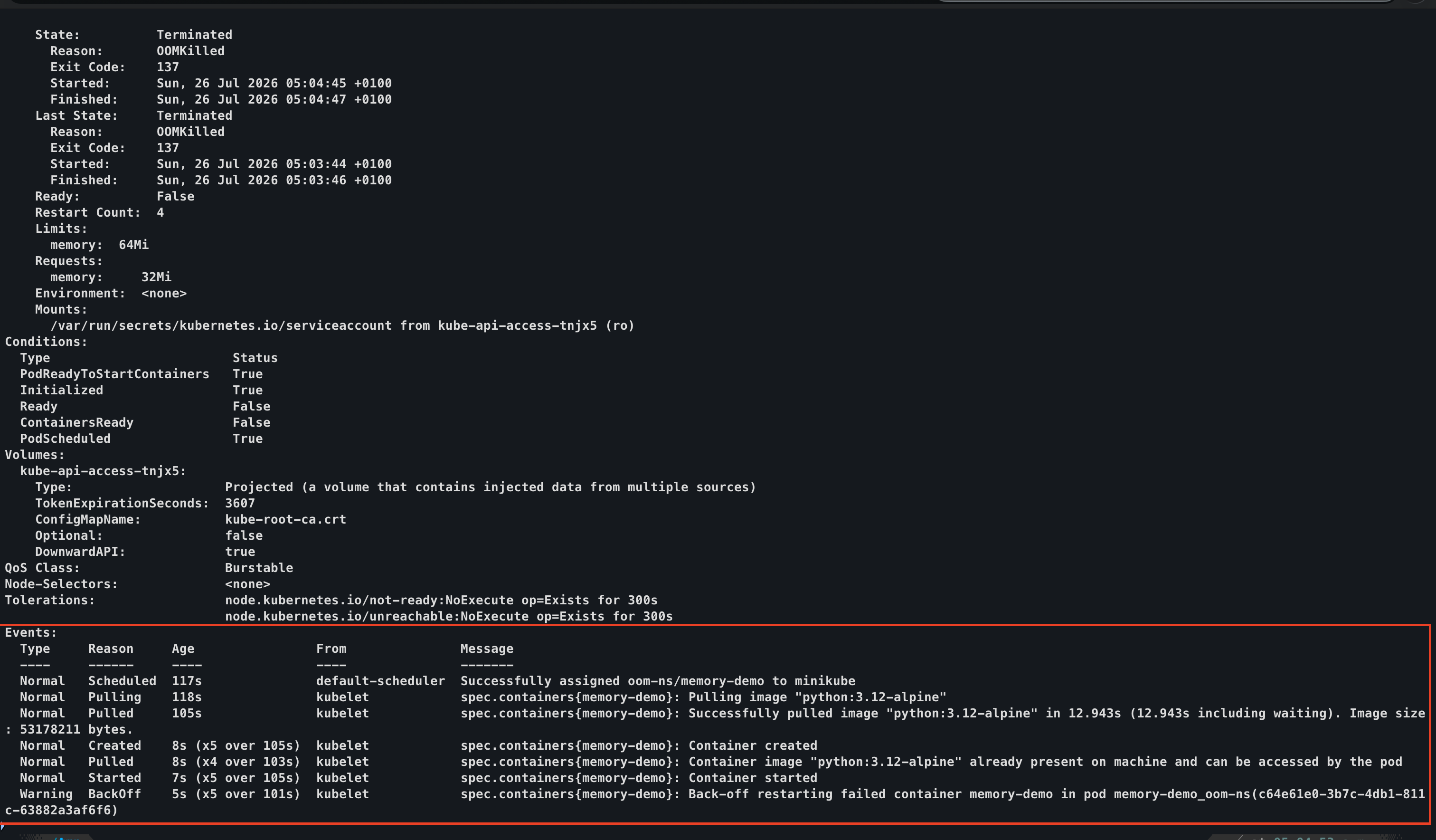 Terminal showing kubectl describe pod output with Burstable QoS and BackOff restart events for a memory-demo pod