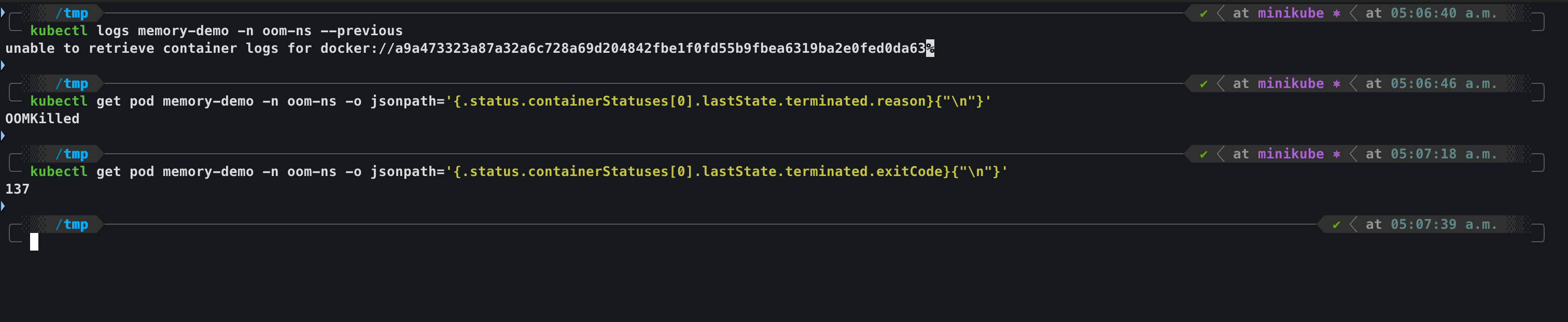 Terminal showing kubectl get pod jsonpath output returning Burstable as the pod QoS class