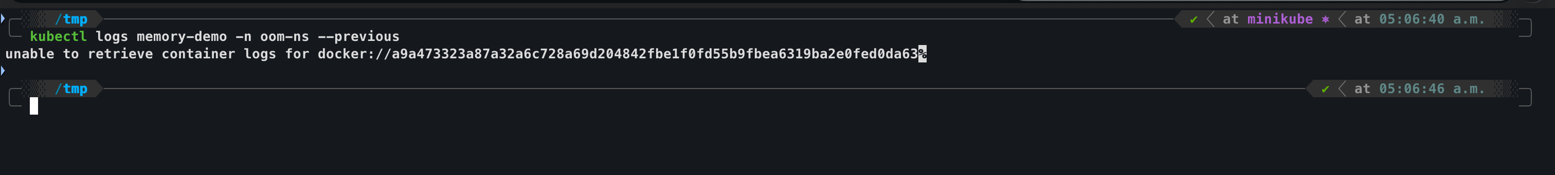 Terminal showing kubectl logs --previous returning no useful application logs for a restarted memory-demo container